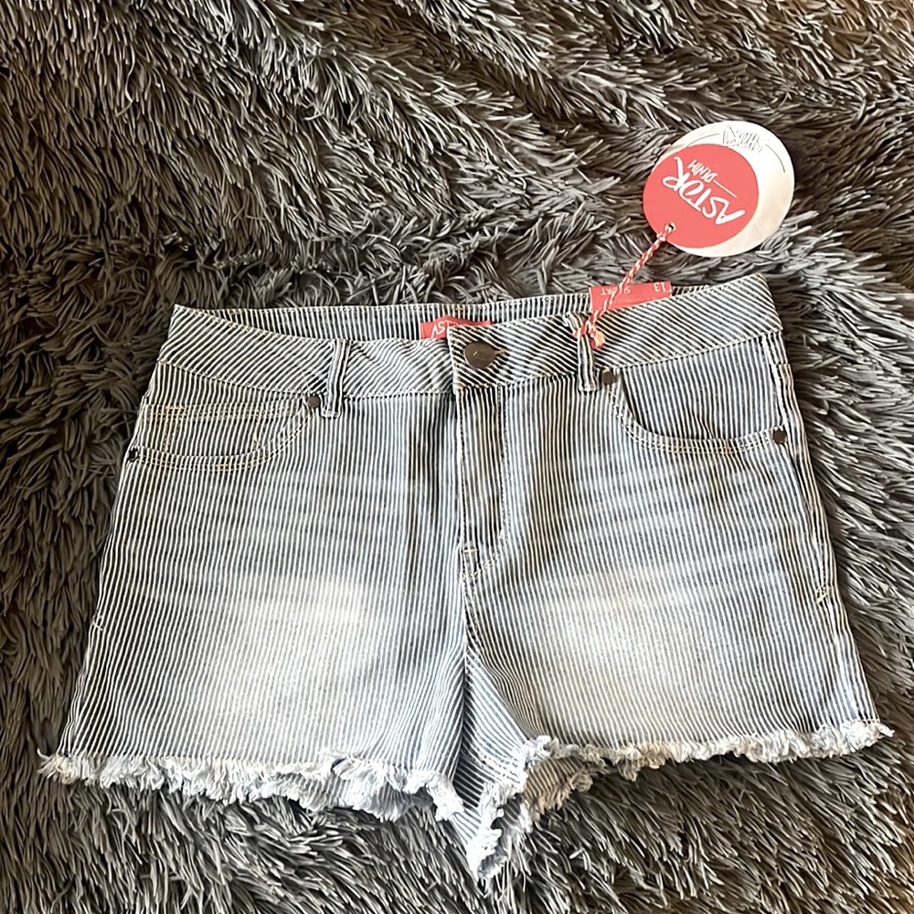 Denim and white stripe shorts with tag size 13